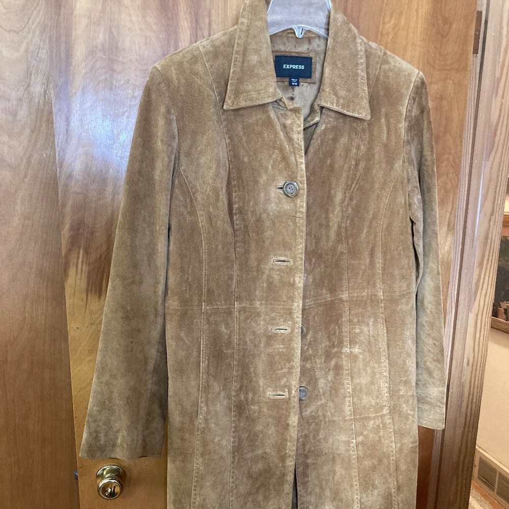 Express Womens Large 11/12 Tan Suede Over Coat Long Trench Leather Jacket Vtg